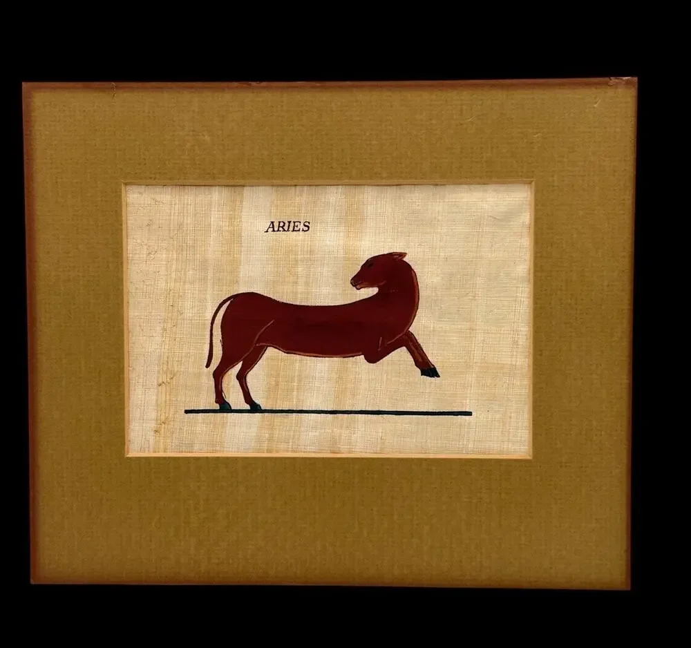 Vintage Egyptian Papyrus Painting Aries Ram Zodiac Hand Painted Art Matted 9x7.5